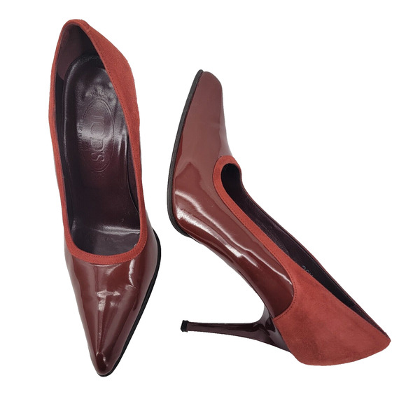 Tod's Size 6.5 Vintage High Heels Patent Leather Suede Two Tone Maroon Red - Picture 1 of 10